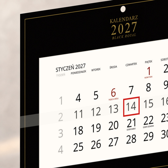 Kalendarz Ścienny 2027 Black Royal A4 — zbliżenie kalendarium