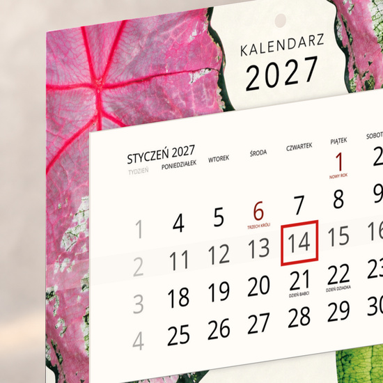 Kalendarz Ścienny 2027 Botanical A4 — zbliżenie kalendarium