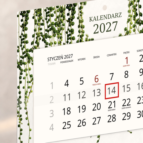Kalendarz Ścienny 2027 Botaniczny A4 — zbliżenie kalendarium