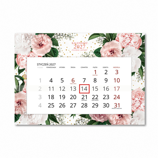 Kalendarz Ścienny 2027 Floral Heart A4 — widok na białym tle