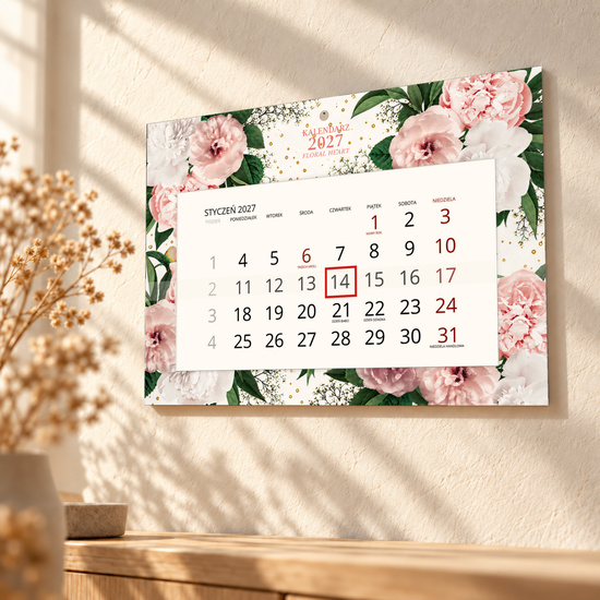 Kalendarz Ścienny 2027 Floral Heart A4 — w ciepłym świetle