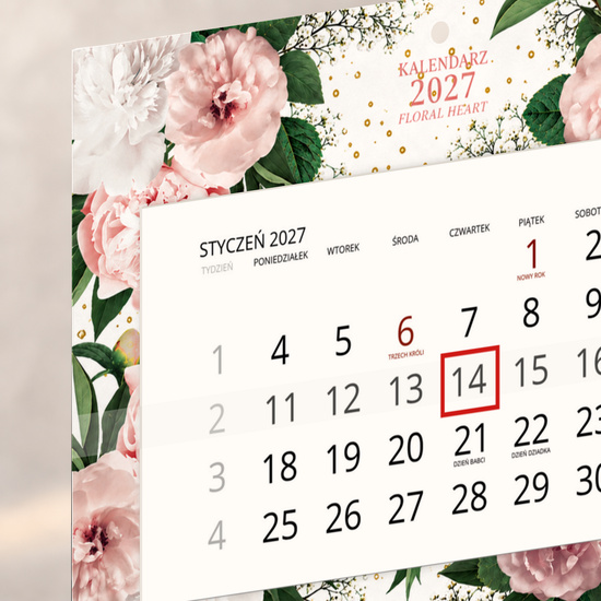 Kalendarz Ścienny 2027 Floral Heart A4 — zbliżenie kalendarium