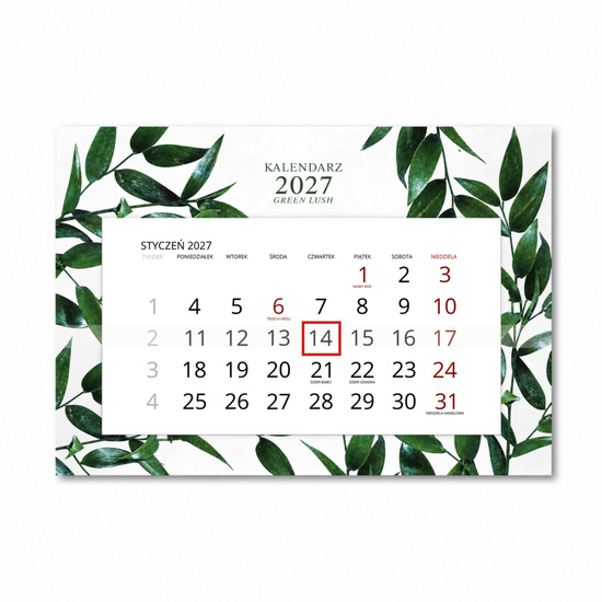 Kalendarz Ścienny 2027 Green Lush A4 — widok na białym tle