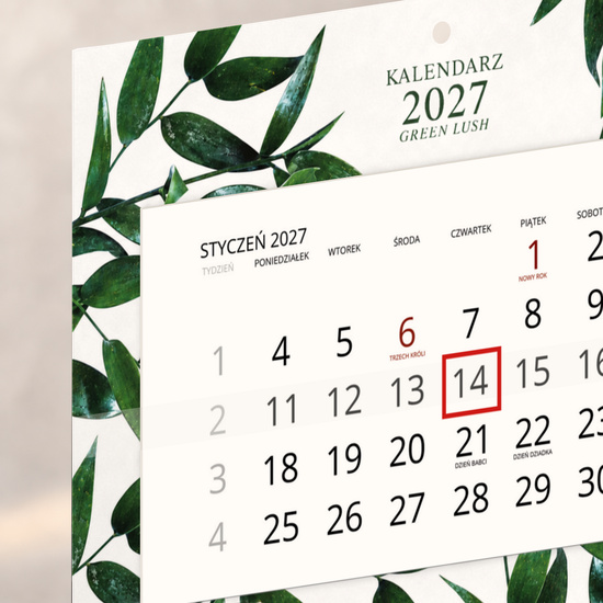 Kalendarz Ścienny 2027 Green Lush A4 — zbliżenie kalendarium