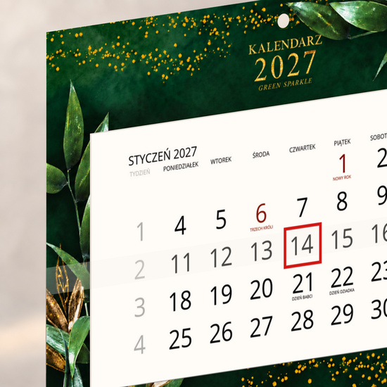 Kalendarz Ścienny 2027 Green Sparkle A4 — zbliżenie kalendarium