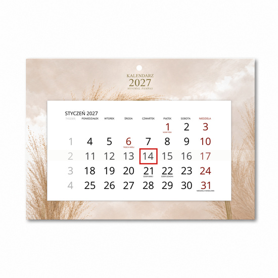 Kalendarz Ścienny 2027 Minimal Pampas A4 — widok na białym tle