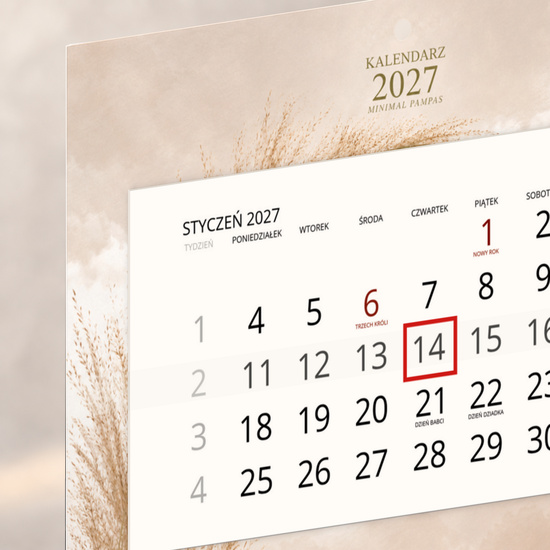 Kalendarz Ścienny 2027 Minimal Pampas A4 — zbliżenie kalendarium